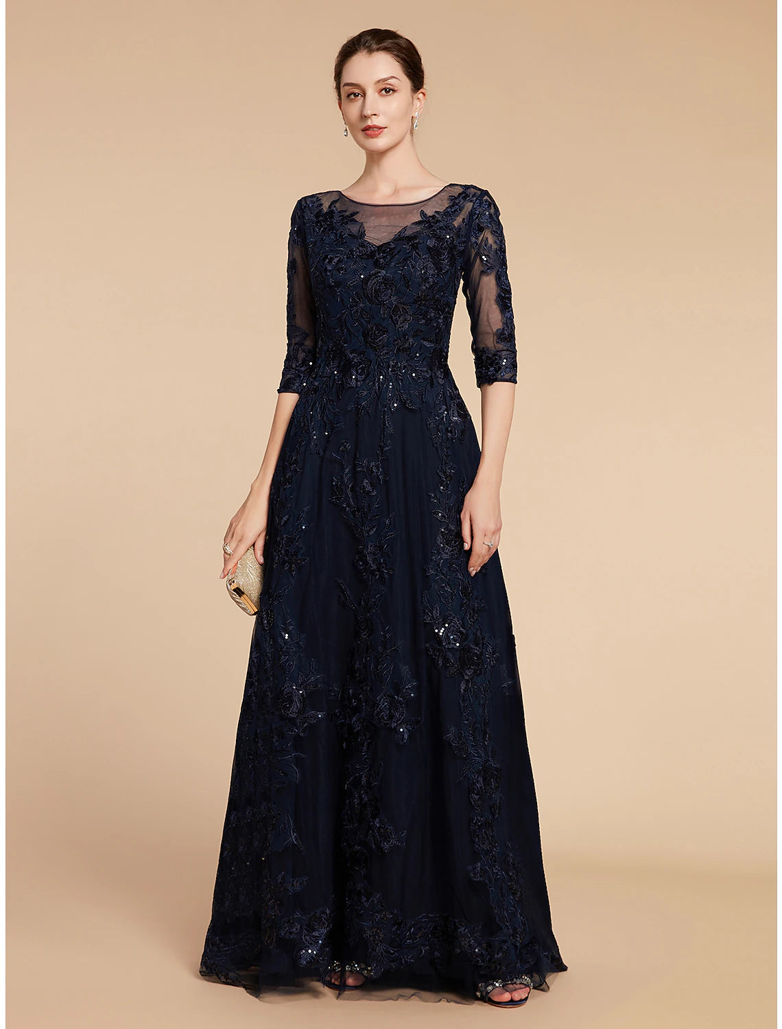 Wholesale A-Line Mother of the Bride Dress Formal Wedding Guest Elegant Party Scoop Neck Floor Length Chiffon Lace 3/4 Length Sleeve with Sequin Appliques